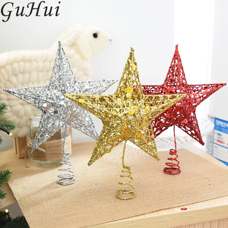 

1Pc DIY Sliver Gold Red Bling Star Christmas Tree Top Ornament Shining Pentagram Festive Home Party Supplies Xmas Tree Pendant