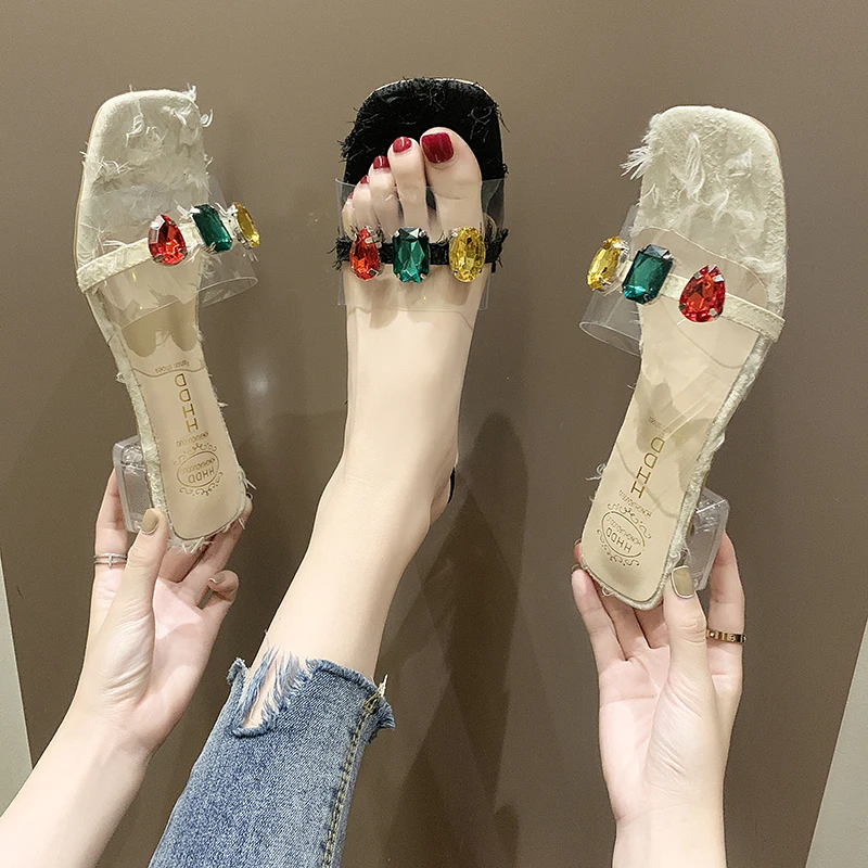 

Transparent Summer Women Shoes Slippers Woman Female Slides Colorful Diamond Square High Heels Fur Crystal Beach Shoes Slippers