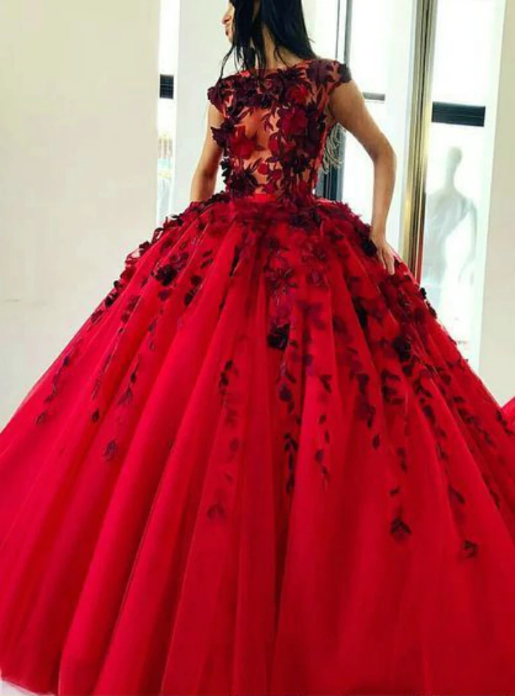 

Red Cap Sleeve Quinceanera Dresses 2019 Tulle Appliques Prom Ball Gown Illusion Sexy Floor Length Scoop Vestidos De 15 Anos
