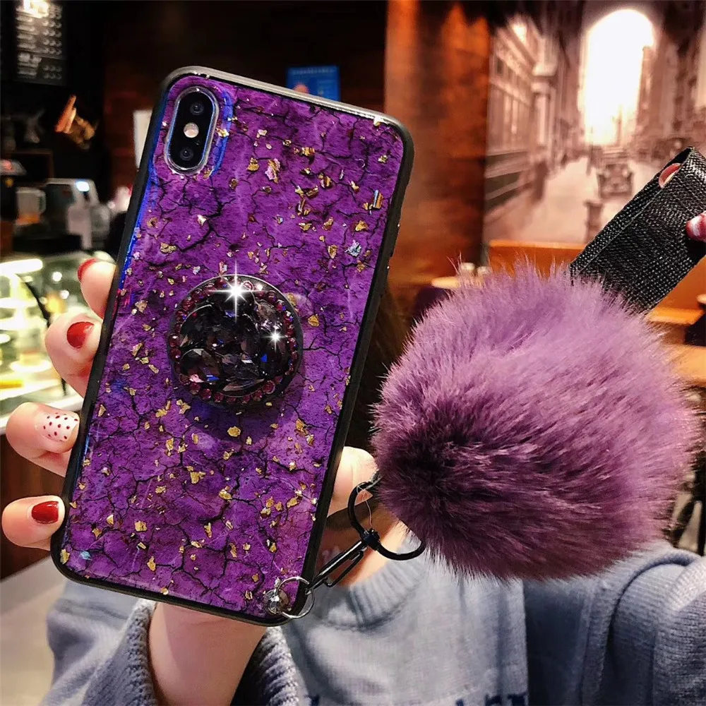 

Marbled Case Coque For iPhone 8 7 Plus 6plus 6s Plus Xs Max Xr X 8 Plus Shiny diamond stand fashion hair ball lanyard cover case