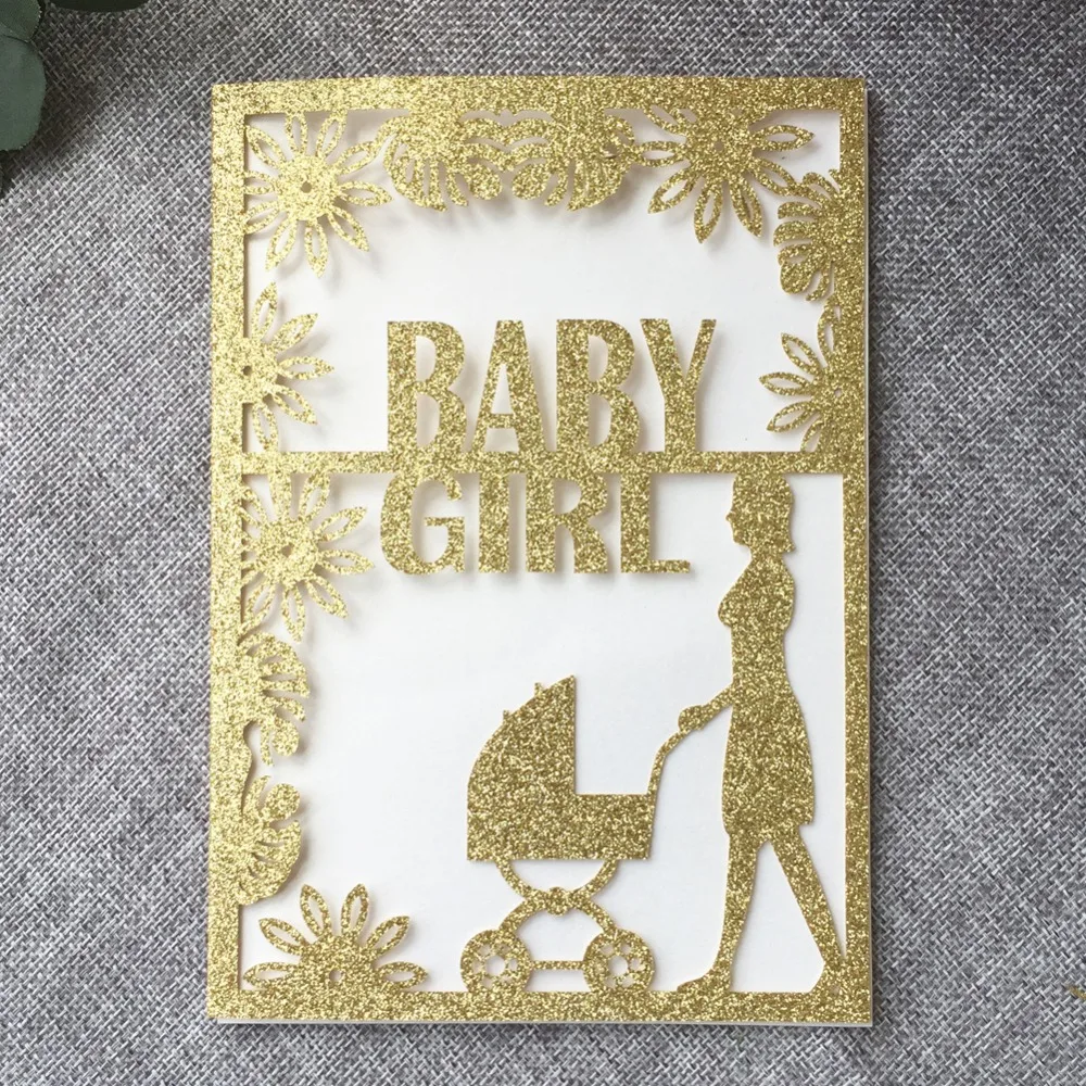 

50pcs/lot Exquisite Laser Cut Carved Invitations Card Baby Carriage Pattern Birthday Party Decorations Baby Shower Invite