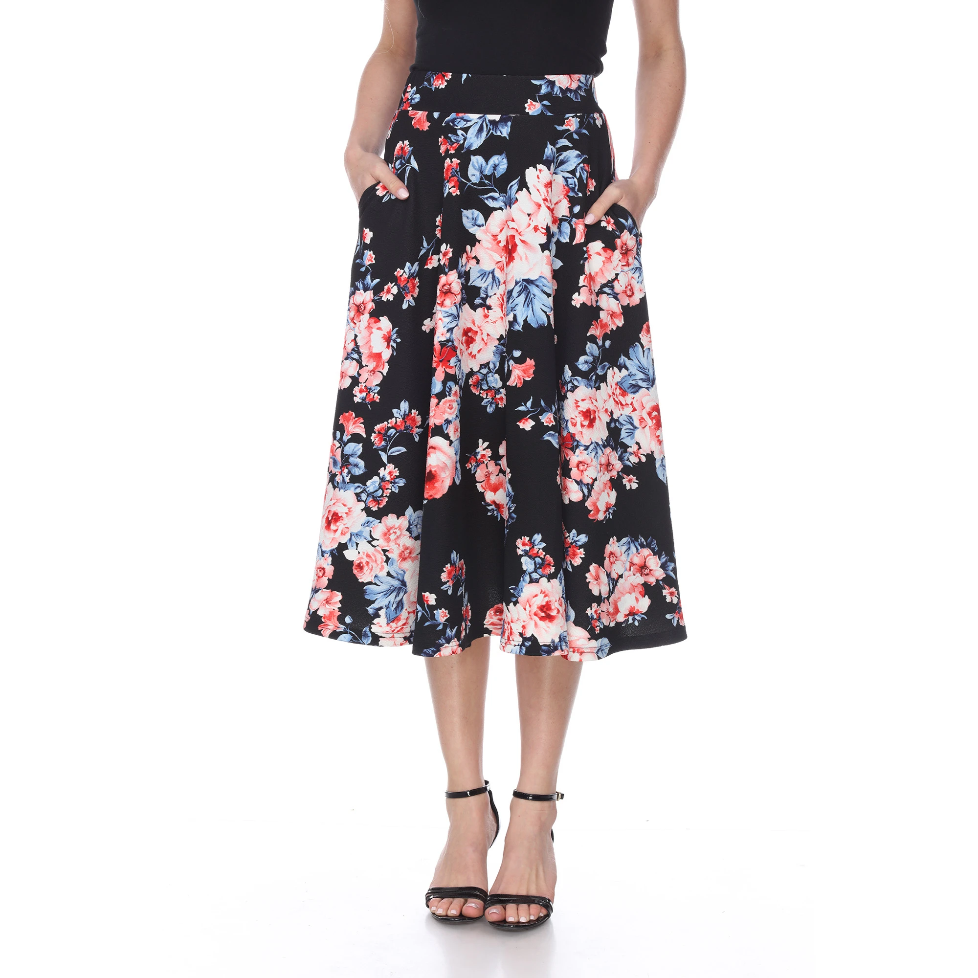 Floral Midi Skirt with Pockets - Black