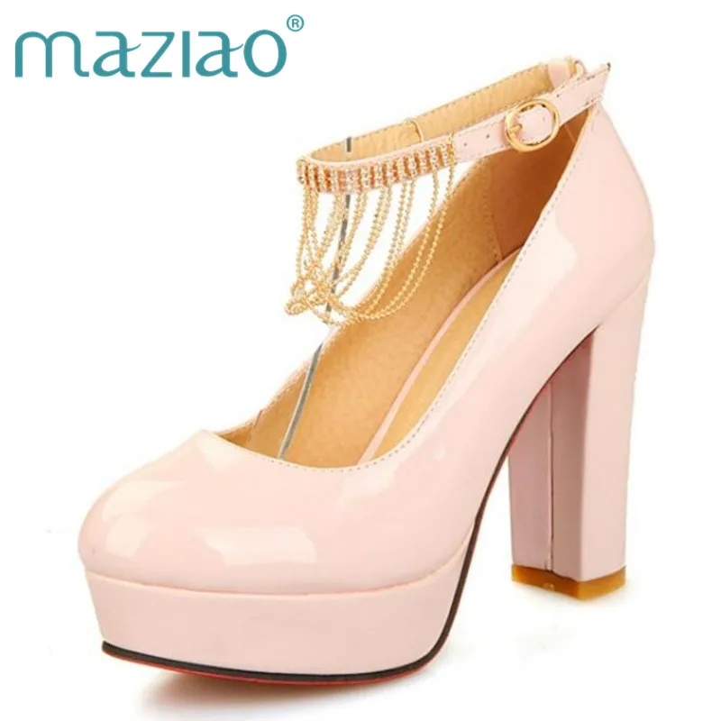 

MAZIAO Fashion women Pink high-heeled shoes spring lady thick heel back single shoes female sweet white Wedding high heel shoes