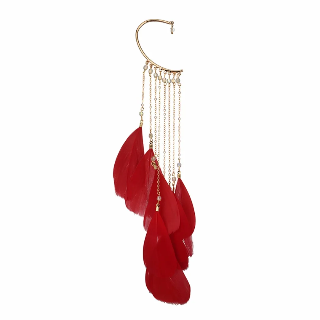 Trendy Green Leaves Feather Long Tassel Cuff Clip Earring Without Piercing Crawlers Shellhard Women Ear Cuff Fashion Jewelry 1pc