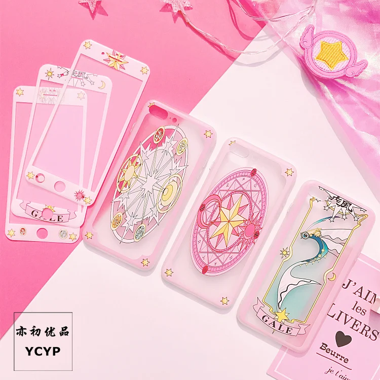 

For iphone 8 8plus Case +Tempered Glass Screen film ,Pink case for iphone X 6 6S plus 7 7plus Cardcaptor Sakura Case + film