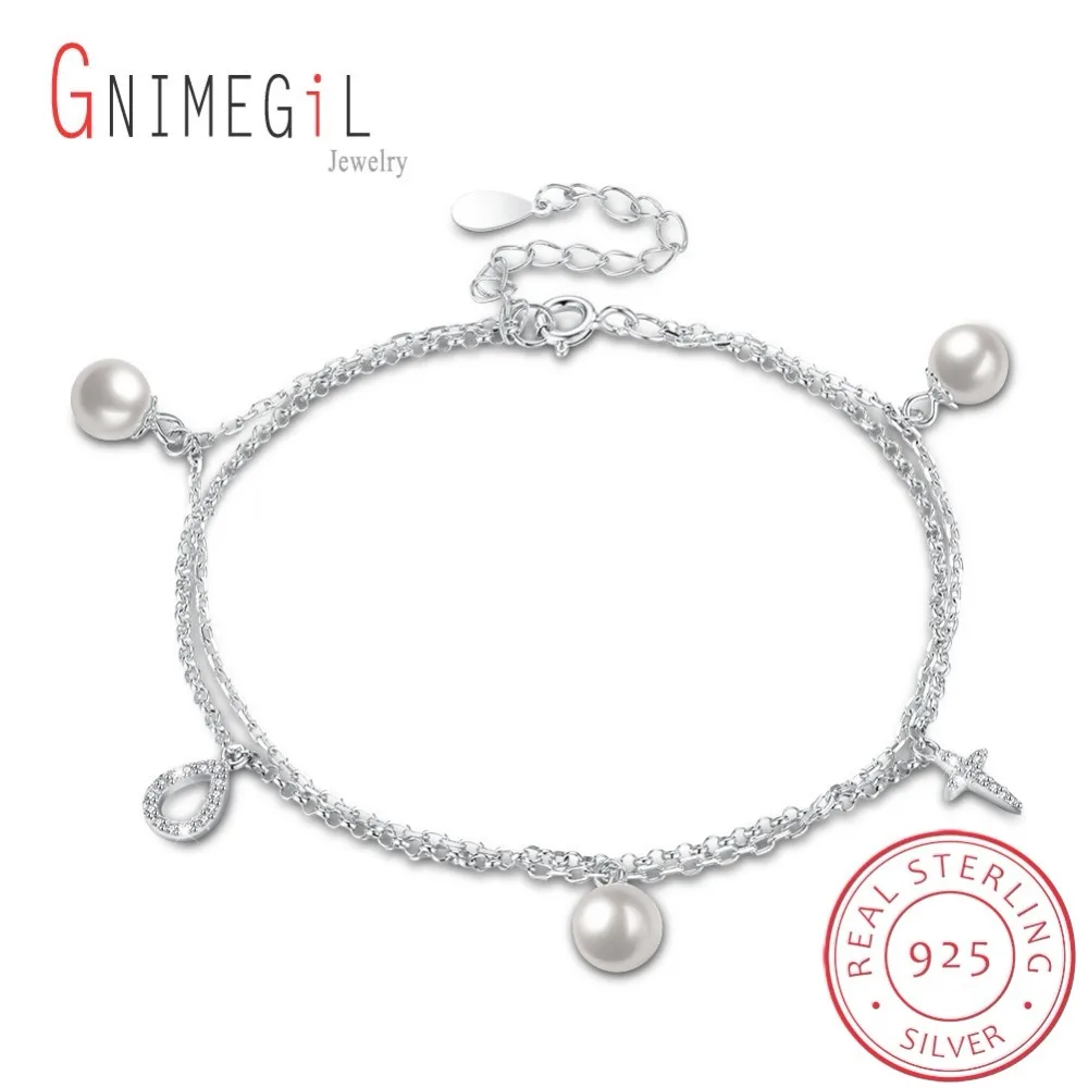

GNIMEGIL 925 Sterling Silver Simulated-pearl Double layer Bracelet Charm drop water & cross pendant Bracelets for Women Jewelry