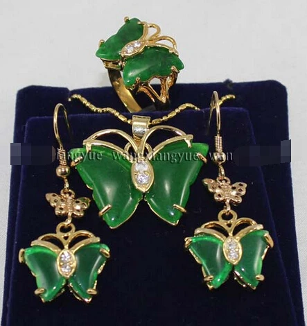

FREE SHIPPING>>@> Inlay Green Jade Ring earrings Necklace Pendant Set Natural jewelry
