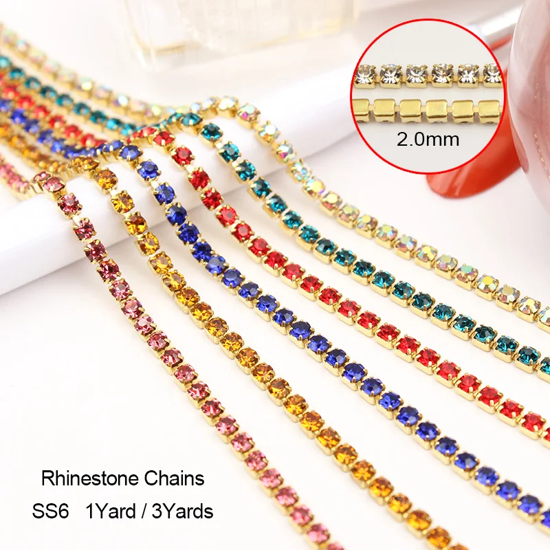 

1Yard Gold Chain SS6 Rhinestone Cup chain Mix colors Crystal chains for Garment Bags Nail DIY Accessoire