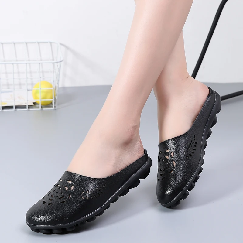 Casual Summer Shoes Woman Genuine Leather Flats Women Hollow Women's Loafers Female Solid Shoe Large Size 35-44 n794