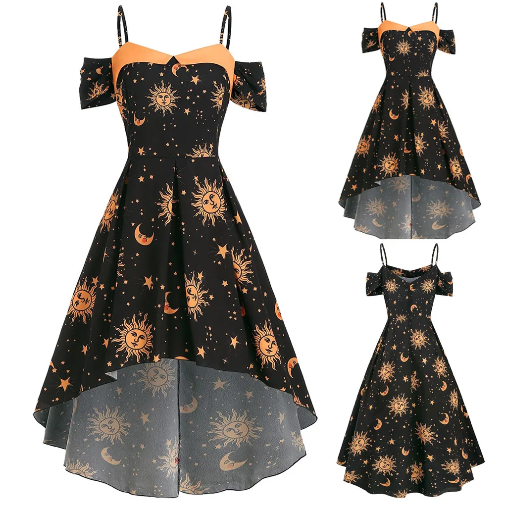 

JAYCOSIN Plus Size Star Sun And Moon High Low Open Shoulder Dress Asymmetrical Party Dress Elegant Women Summer Midi Dress 617W