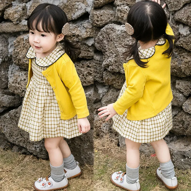 

Little Girls Fashion Long Sleeve O-neck Plaid Dress +Cardigan Kids Outfits Girls Clothes Children Girls Spring Autumn 2pcs Set