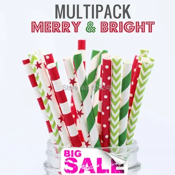 

125pcs Mixed Colors MERRY & BRIGHT Christmas Paper Straws,Green Striped,Red Star,Polka Dot,Sailor Stripe,Lime Green Chevron