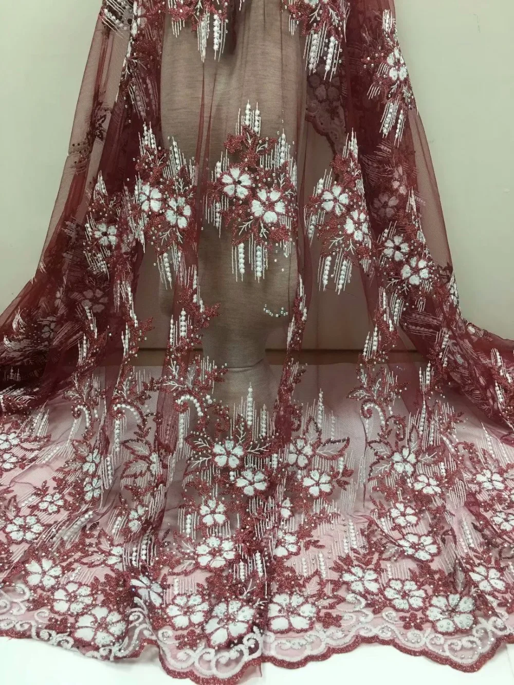 

2018 Hot Sale Wine Brown Embroidered African Lace Fabric High Quality with Beads French Net Lace Guipure Lace Fabrics
