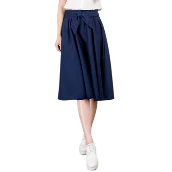 

Elegant Women Skirt High Waist Pleated Knee Length Skirt Vintage A Line Big Bow Skirts
