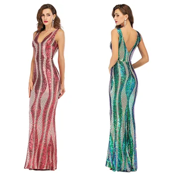 

Zanzea Free Shipping Sell Through Cross-border Women's Hot Style Sexy Deep V-neck Dress Colorful Sequins Mop The Floor Long