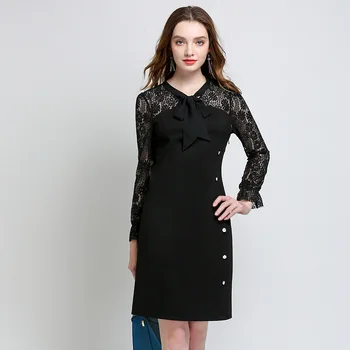 

Plus Size Women Fall Dress hollow out Lace Patchwork Sexy dress Bow Collar Office Ladies OL dress Vestido Femininas roupas L-5XL