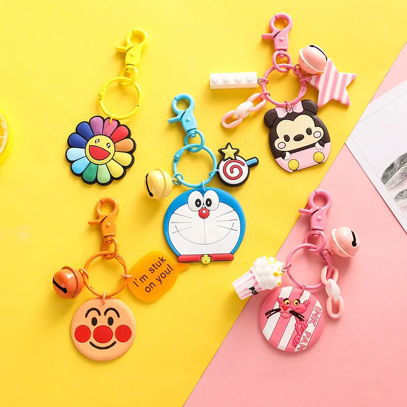 

Cute Cartoon Naughty pink leopard Doraemon Anpanman Sun Flower Figure Keychain PVC Keyrings for Women Bag Charms Pendant Jewelry