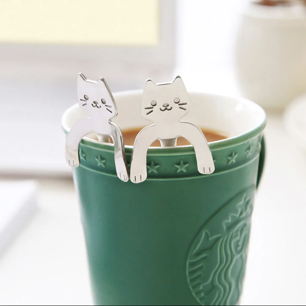 

PC Cute Kitty Cat Spoon Long Handle Stirring Spoons Stainless Steel Coffee Teaspoon Tea Scoop Flatware Drinking Tools #YJ