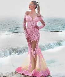 Красивое Розовое Вечернее платье русалки 2019, кружевное платье с аппликацией, круглый вырез, длинный рукав, длина до пола, вечерние платья