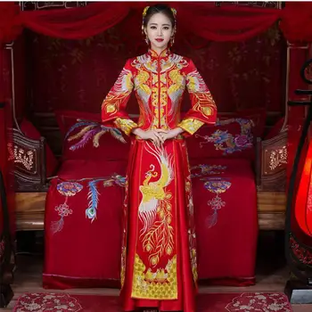 

Women Oriental Phoenix Qipao Bride Wedding Dress Gown Handmade Embroidery Oversea Chinese Cheongsam Royal Han Fu Clothing Suit