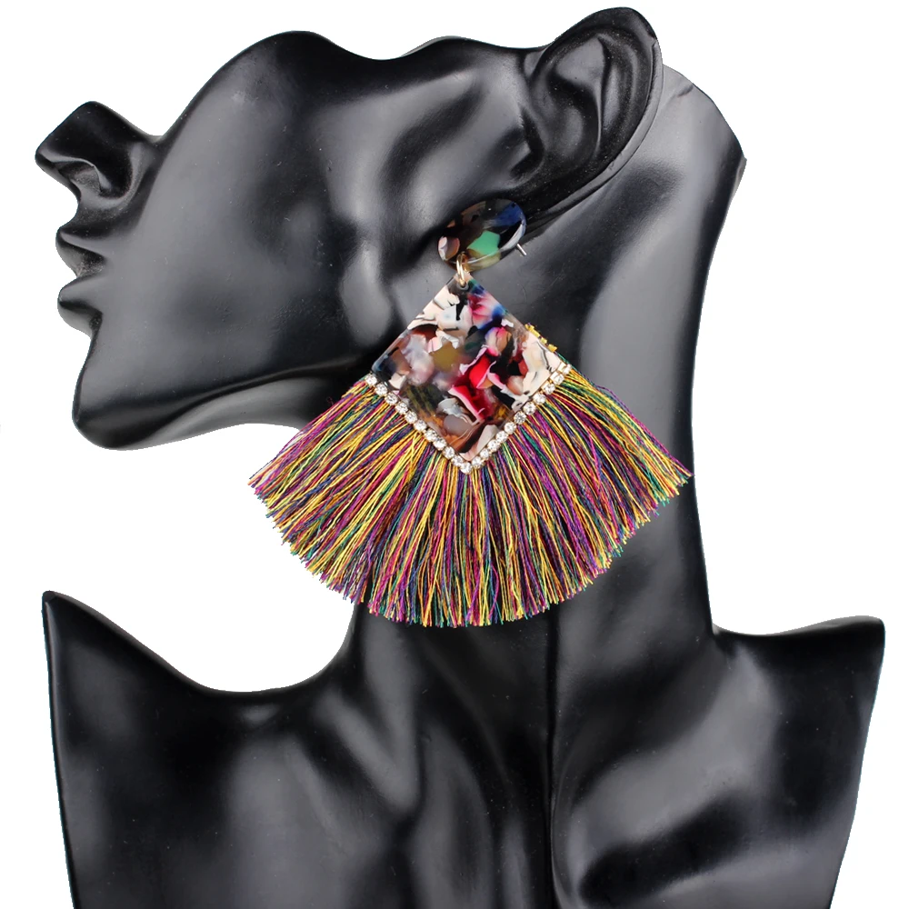 

Claire Jin Bohemian Acetate Fiber Plate Pattern Geometric Tassel Earrings Women Exaggerated Fashion Ethnic Jewelry Trend