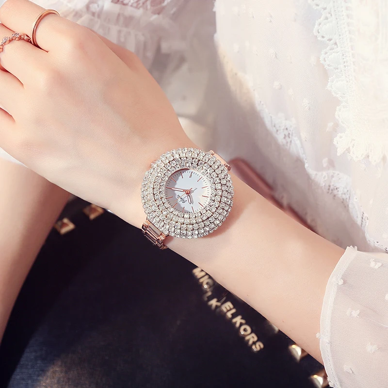Luxury Top Brand Rose Gold Quartz Womens Watch Bling Bling Full Crystal Dial Stainless Steel Bracelet Dress Ladies Wristwatches