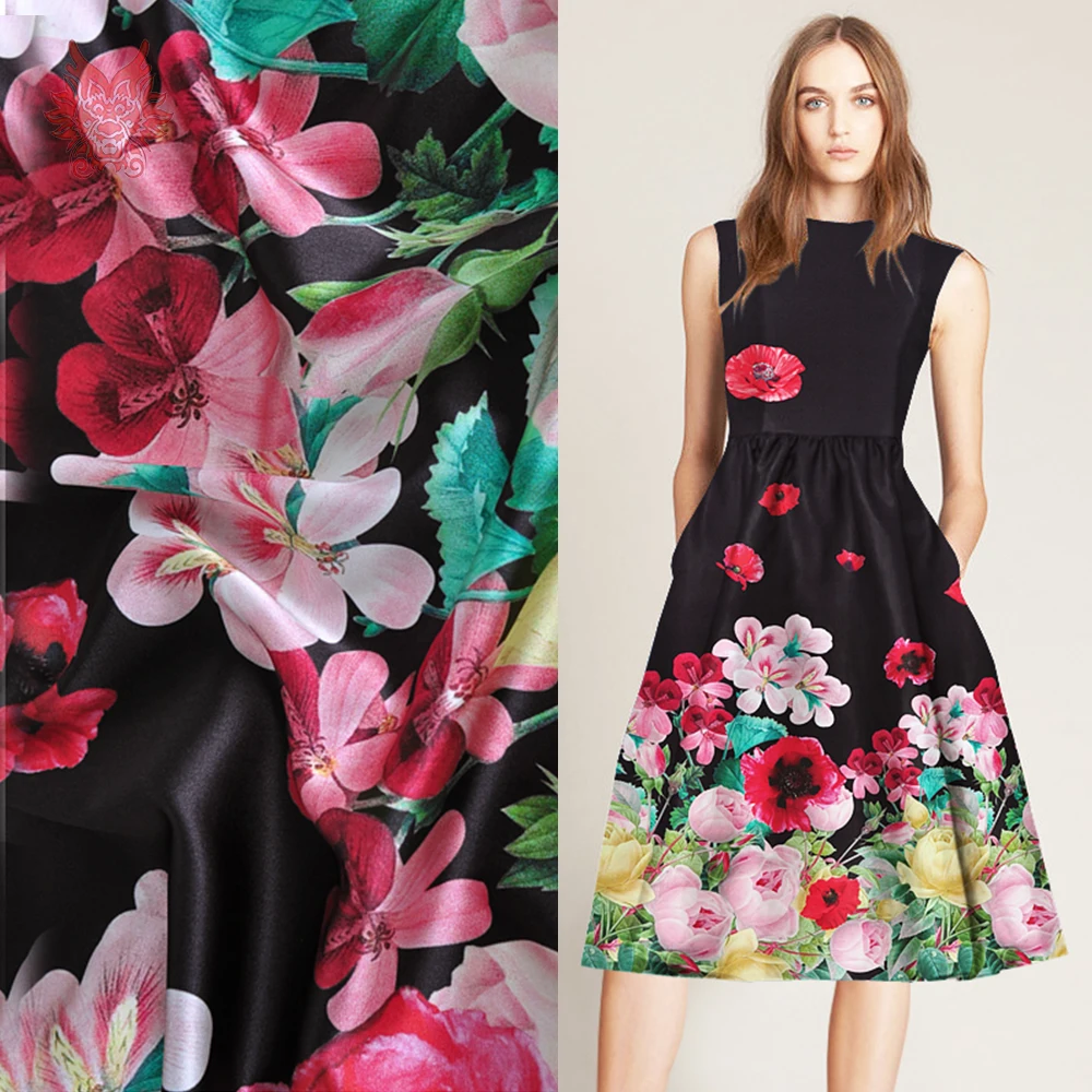 

Luxury black with multi color floral positioning print spandex silk fabric for dress natural silk tissue tela tecido 19mm SP4853