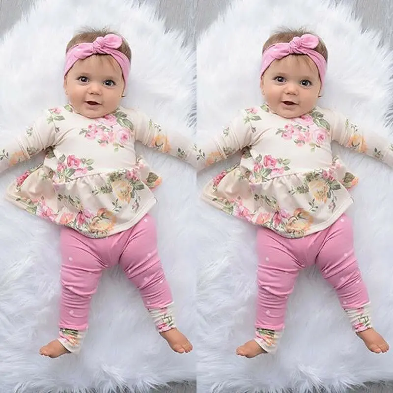 

3Pcs Newborn Baby Girls Floral Tops Dress Pants Leggings Outfits Clothes 0-24M Pure Cotton Printing Floral