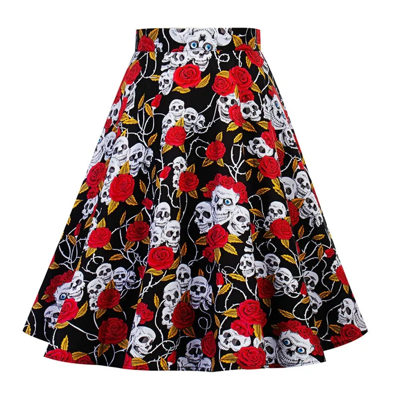 

Summer 50 60s High Waist Skirts Ladies Retro Skirts 3D Skull Rose Printed Elegant Halloween Pleated A Line Womens Casual Skirt