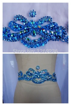 

A146 Free shipping hand made Light Blue crystal& Sequins Rhinestones sew on applique 30*9cm for top dress belt