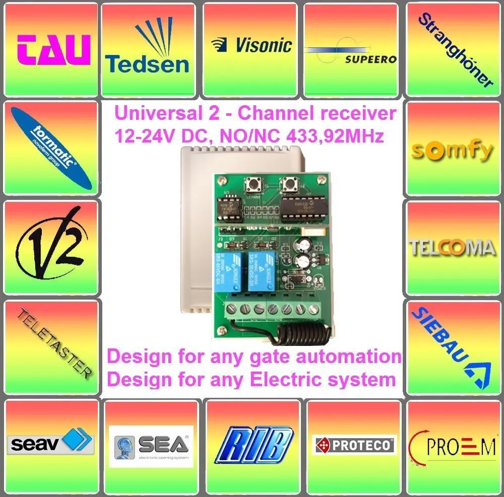 Универсальный 12-24 V DC-AC 2-Фиксированный Канал и ресивер для изменяющегося кода 433,92 МГц