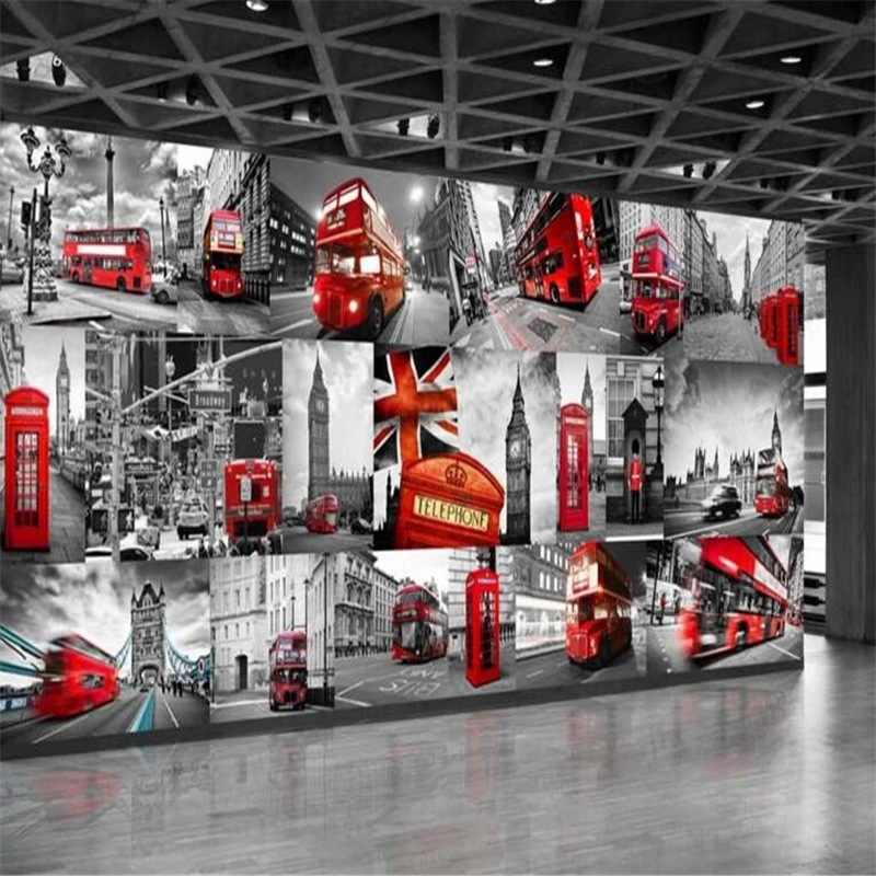 

Beibehang HD London Big Ben Red Bus Phone booth tooling background wallpaper 3d living room background murals 3D wallpaper photo