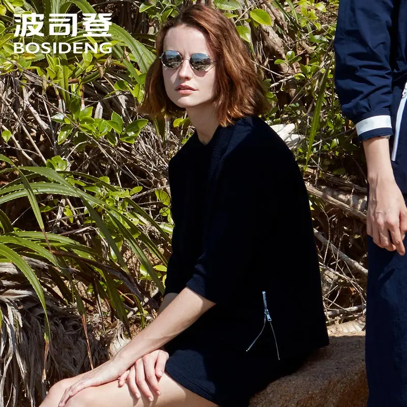 

BOSIDENG 2018 new women's clothing women Sweatshirts half sleeve letter print solid color pullovers medium-long B80716048