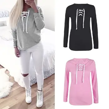 

Spring Autumn Winter Pullover Sweatshirt Fashion Bandage Hoodies Women Casual Loose Pink/Gray/Black