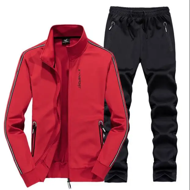 Весенне-осенний мужской спортивный костюм, спортивная одежда, куртка с длинным рукавом, штаны, набор для бега, уличные мужские спортивные костюмы, комплекты из двух предметов размера плюс 7XL - Цвет: Красный