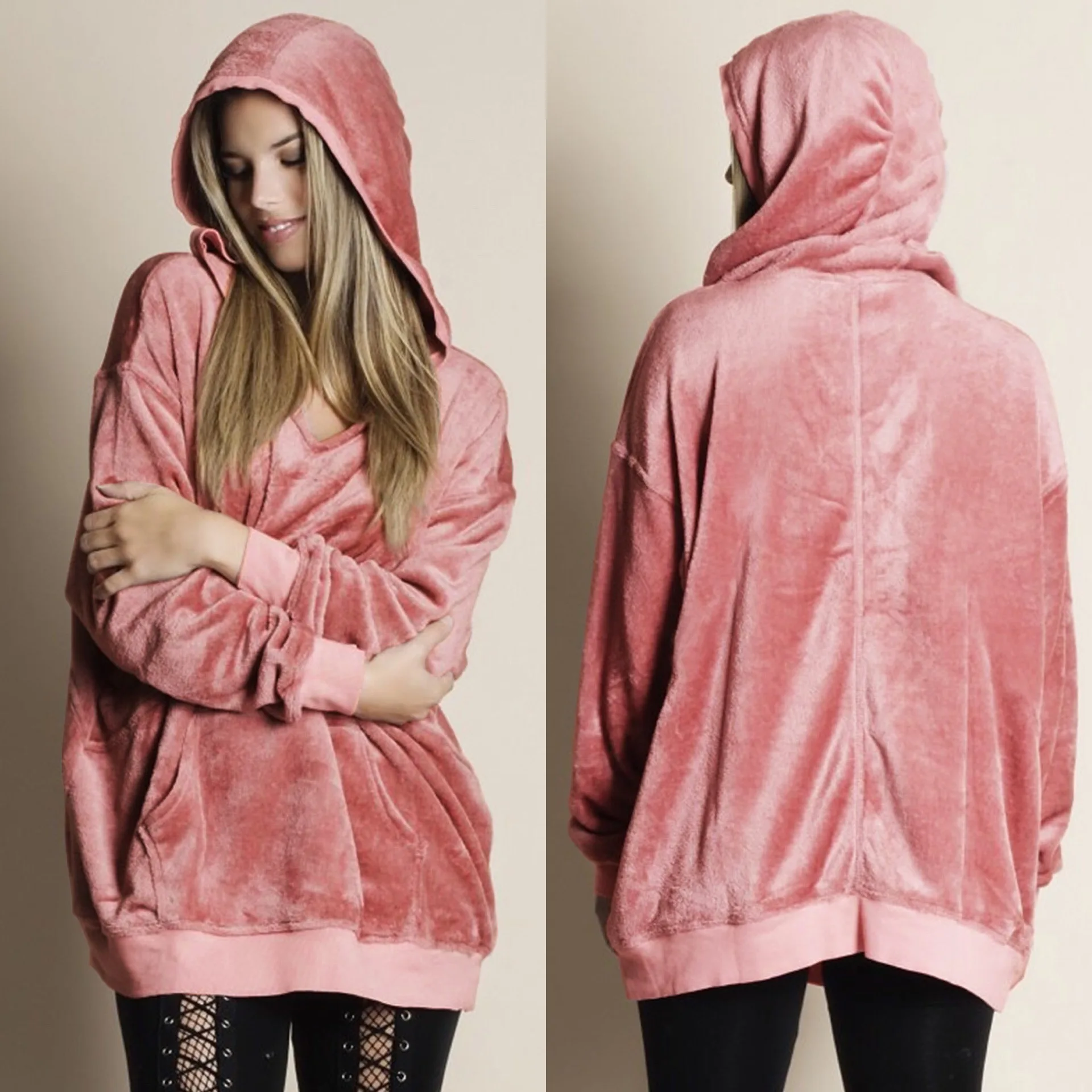 

Kaguster Soft Winter sweatshirts women hat Moletom feminino inverno shiba inu pink clothing Long loose oversized hoodie love