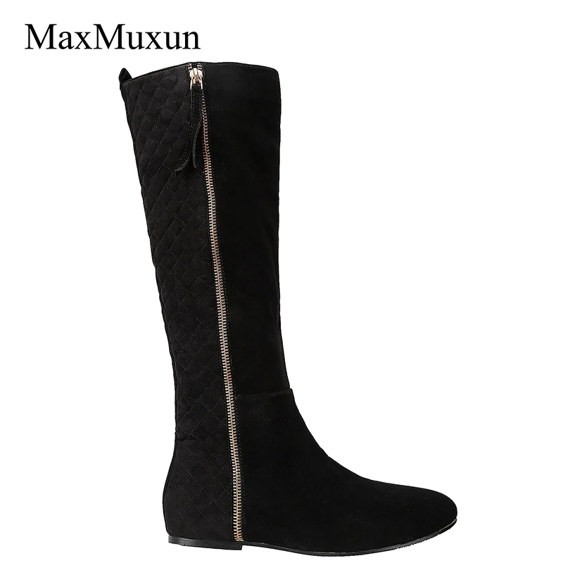 

Maxmuxun New Arrival Winter Women Boots Black Flock Knee High Boots Round Toe Long Flat Side Zipper Snow Boots Casual Shoes