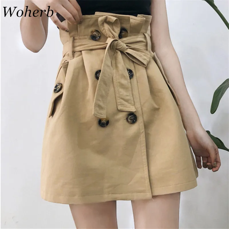 

Woherb Preppy Style Women Chic Mini Skirt Summer Fashion Button A-Line Skirts Empire Ladies Bottom Lacing Slim Wear Skirt 74611