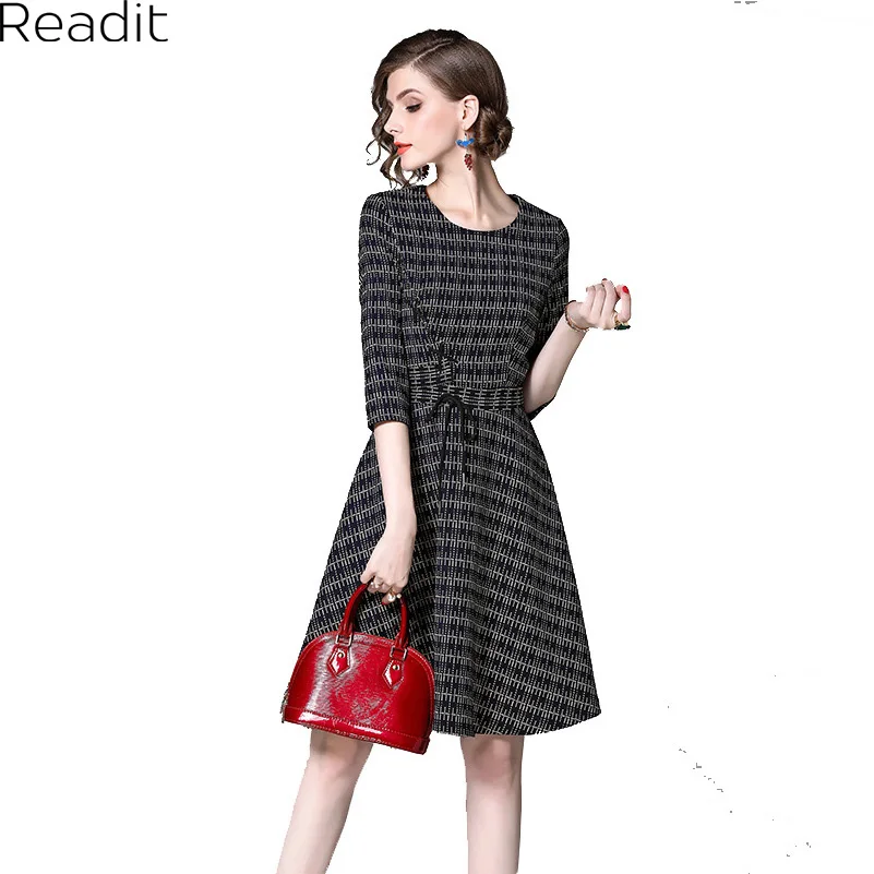 Readit Printed Skater Dress Female Half Sleeve Belted Women Rockabilly