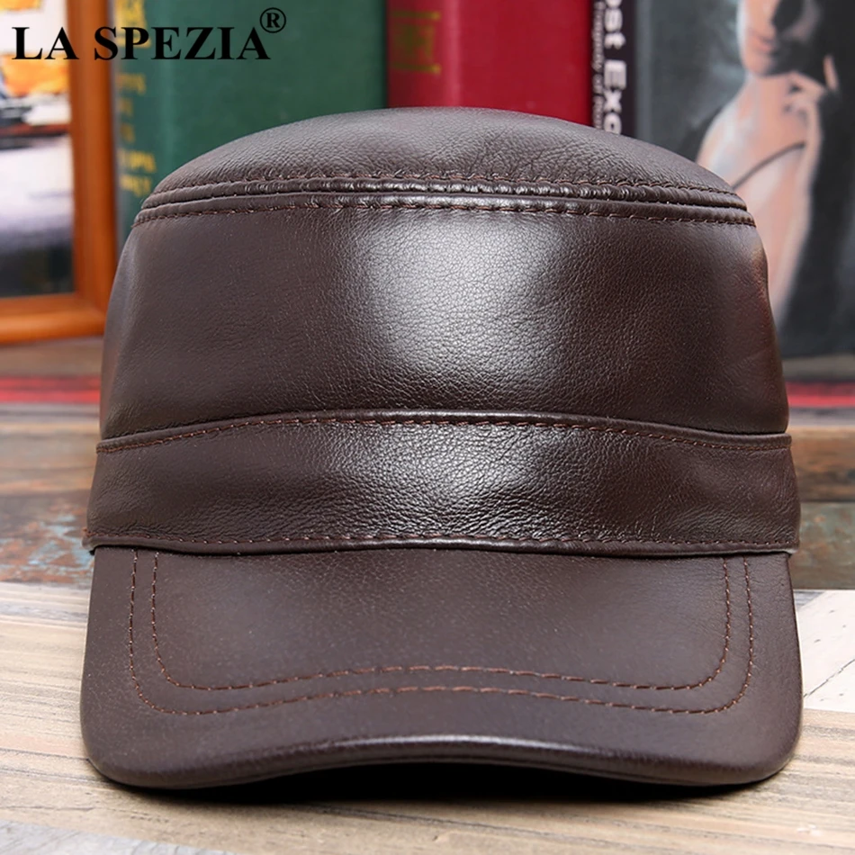  LA SPEZIA Military Hat Men Leather Army Cap Brown Adjustable Duckbill Caps Flat Berets Genuine Cow 