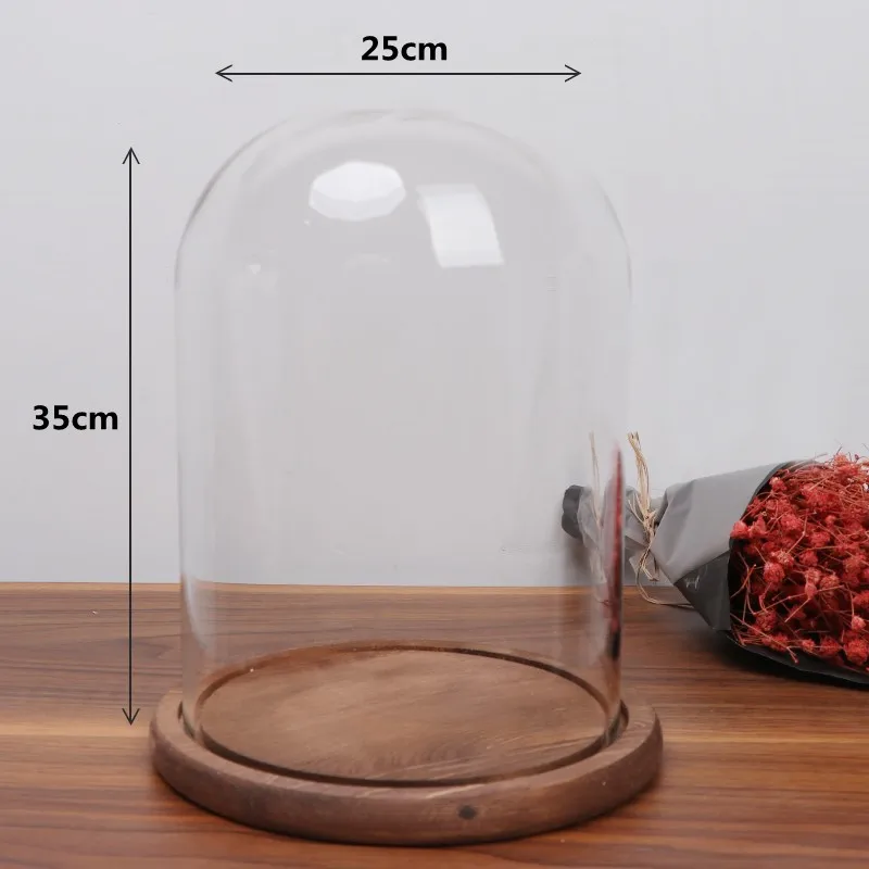 25*35cm Diameter=25cm Height=35cm Antique Wood Base Glass Dome Vase Glass Cover Vase Friend Gift Home Wedding Decoration