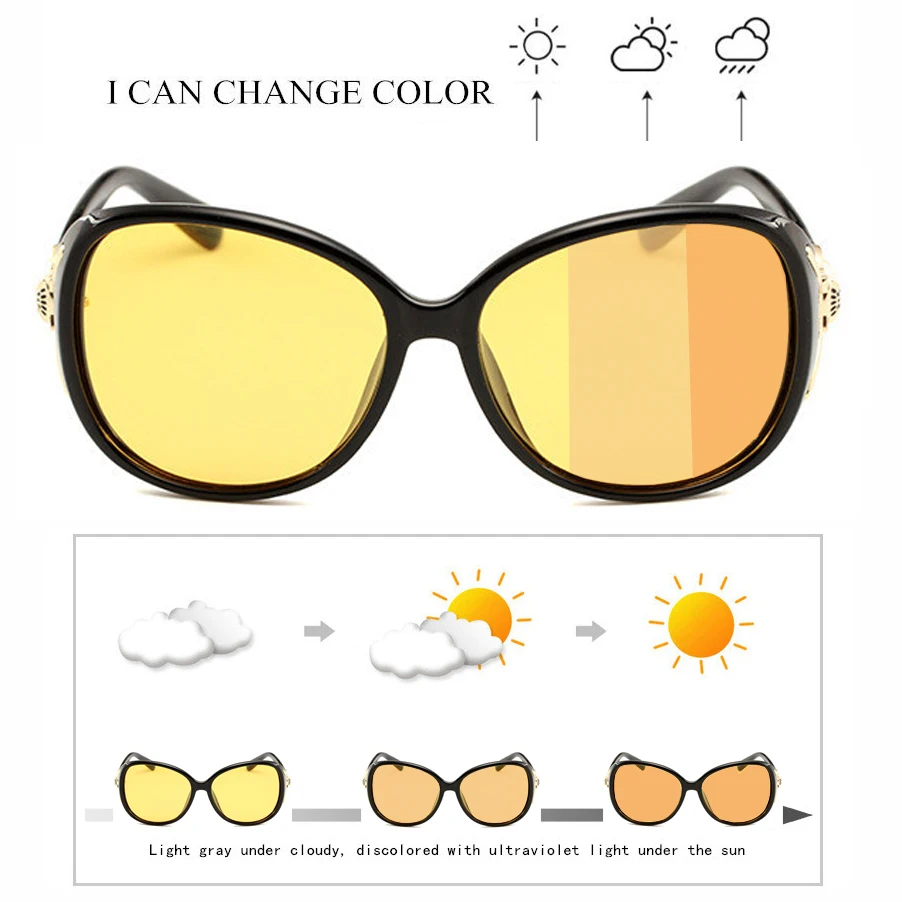 

SOPRETTY Photochromic Women Polarized Night Vision Driving Glasses Oval Oversize Sunglasses With Diamonds Yellow Goggles UV400