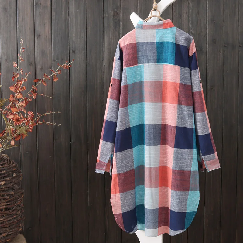  2019 summer new colorful plaid women blouse and shirts loose cotton and linen lady shirts outwear c