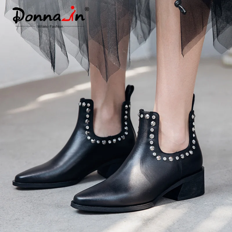 

Donna-in 2019 Autumn Genuine Leather Women Ankle Boots Thick Middle Heels Pointed-Toe Ladies Boots Fashion Cossacks Women Shoes