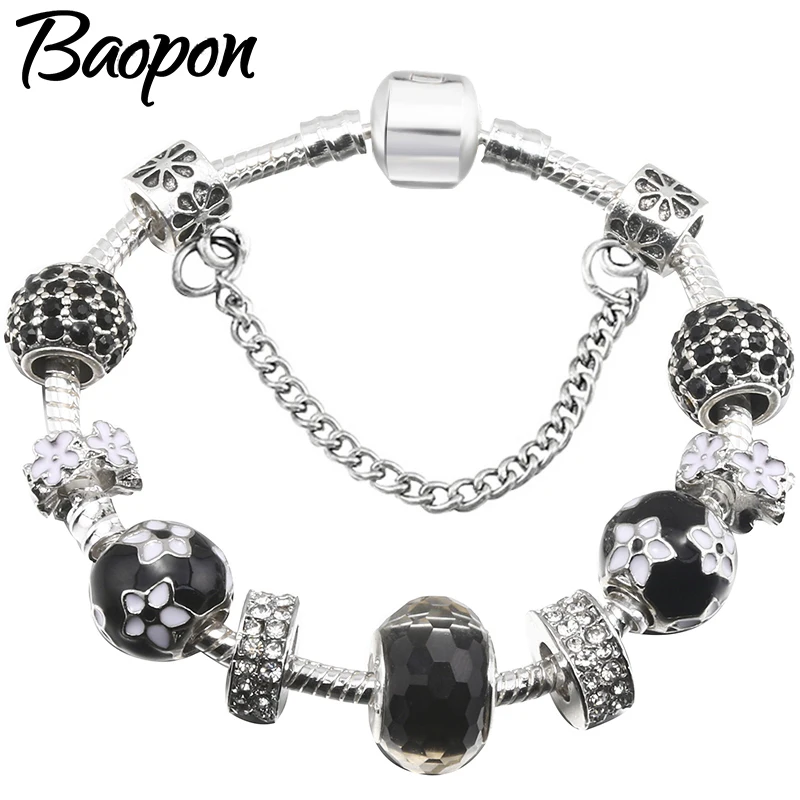 BAOPON серебряный браслет и браслеты для женщин ювелирные изделия подходят черный муранского стекла бусины изысканные браслеты подарок Pulseira