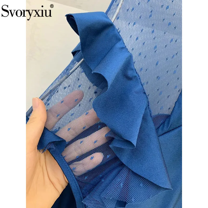 Svoryxiu Mesh Blue One Piece Bodysuit Women's Summer Holiday Sexy Ruffle Bathing Suit Swimwear New