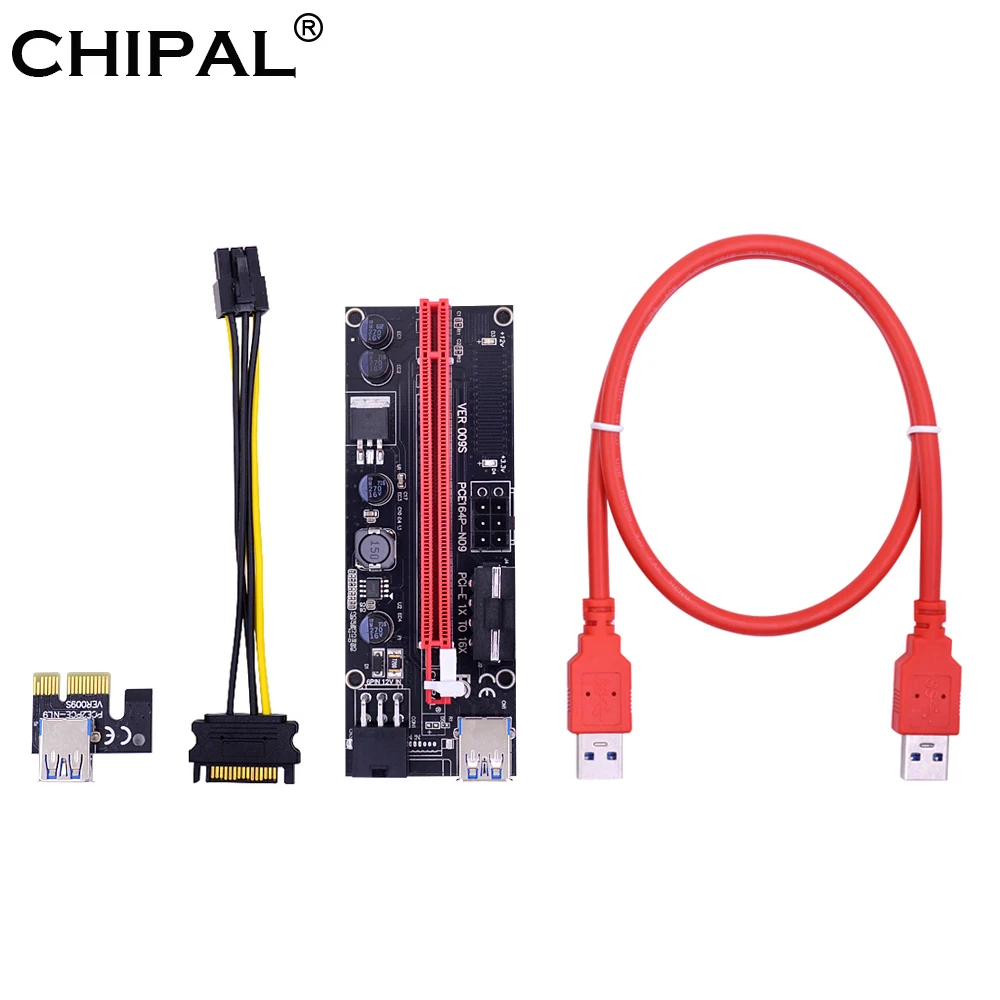 

CHIPAL VER009S PCI-E Riser Card 009S PCIE 1X to 16X Extender + LED + 0.6M USB 3.0 Cable / Molex Power Supply for Bitcoin Miner