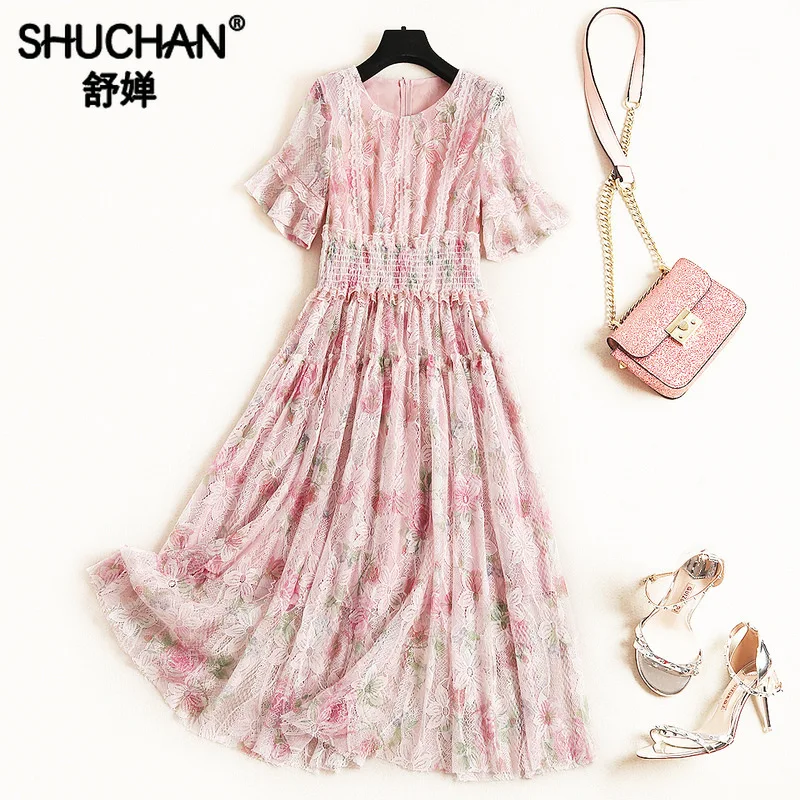 

Shuchan Pink Floral Lace Dress Prairie Chic New 2019 Fashion Summer Dresses Women Short Sleeve Vestidos Largos De Verano 11333