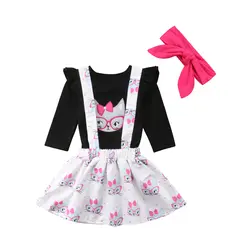 Модная одежда для малышей для девочек футболка с длинными рукавами Топы юбка повязка 3 шт. Комплект одежды