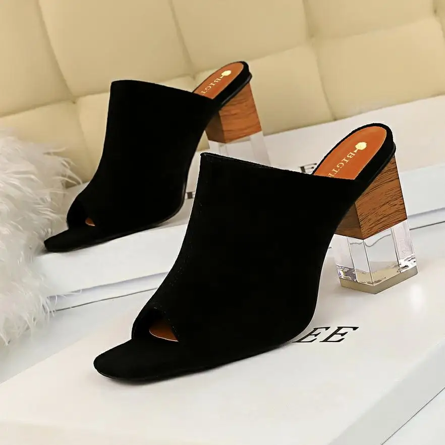 BIGTREE/Новинка года; Шлепанцы из флока; модные женские туфли на высоком каблуке с открытым носком и квадратным каблуком; пикантная женская летняя обувь; офисная обувь - Цвет: Черный